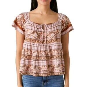 Lucky Brand Women's Print Swing Top Brown Size Large Bohemian Babydoll Modal NWT
